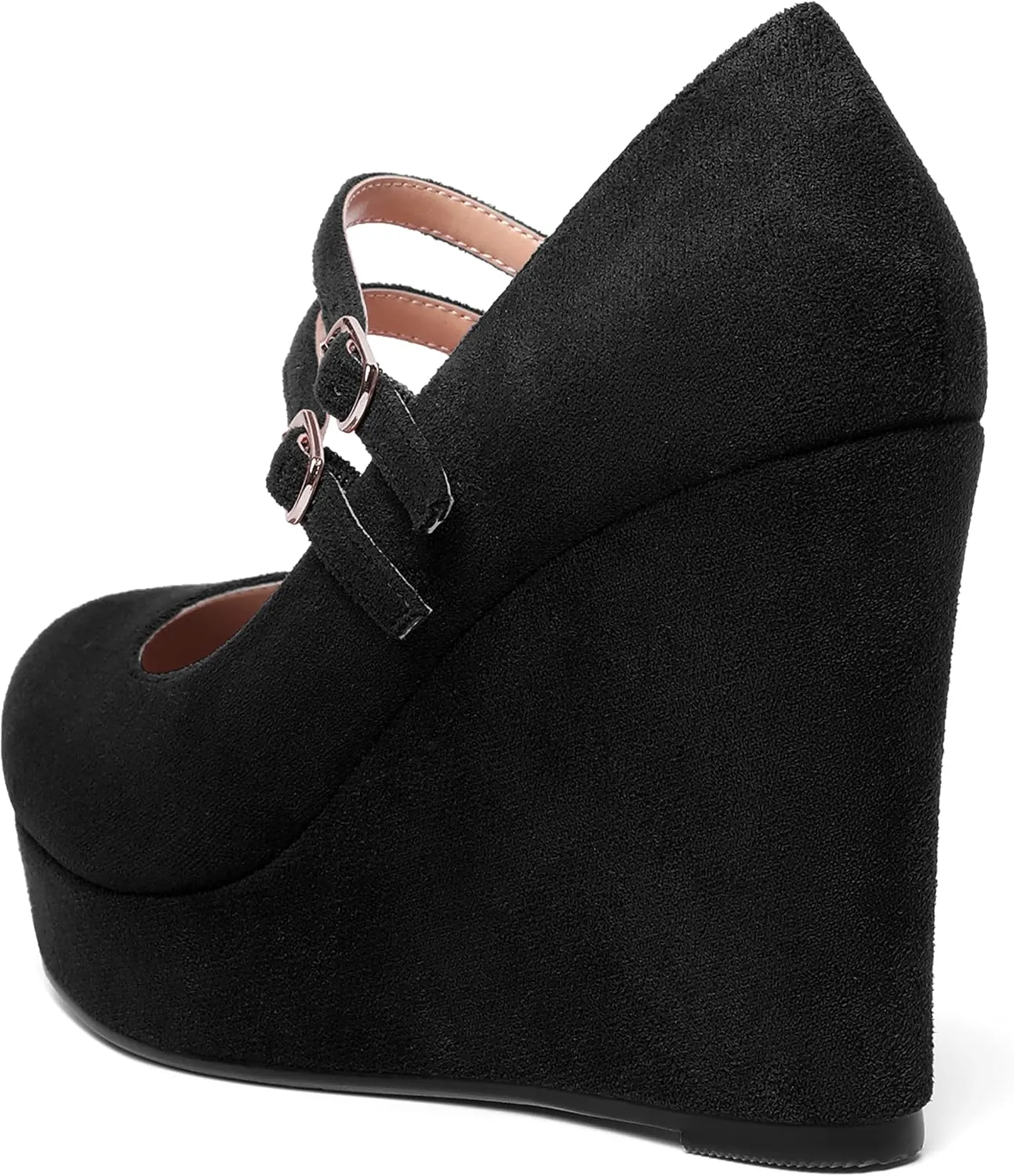 ROSERWISH Womens Sexy Night Club Round Toe Fashion Suede Ankle Strap Platform Buckle Wedge High Heel Pumps Dress Shoes 4 Inch