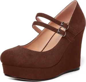ROSERWISH Womens Sexy Night Club Round Toe Fashion Suede Ankle Strap Platform Buckle Wedge High Heel Pumps Dress Shoes 4 Inch