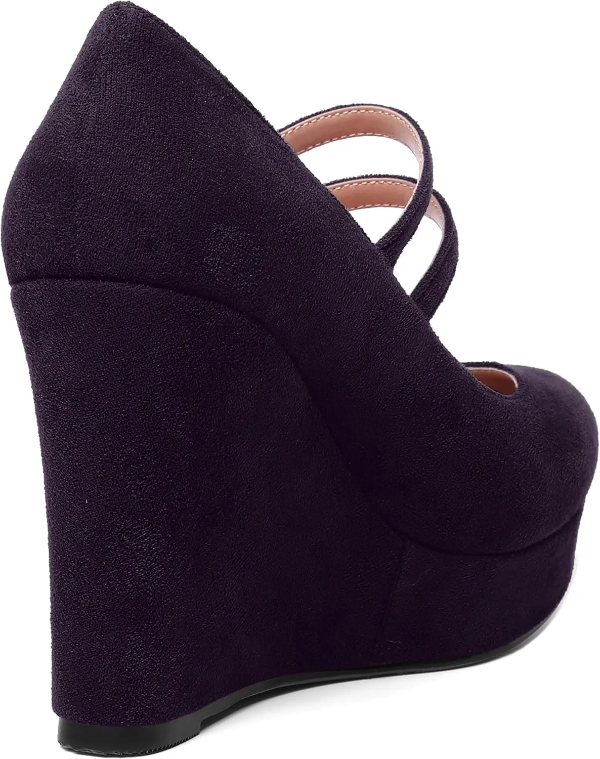 ROSERWISH Womens Sexy Night Club Round Toe Fashion Suede Ankle Strap Platform Buckle Wedge High Heel Pumps Dress Shoes 4 Inch