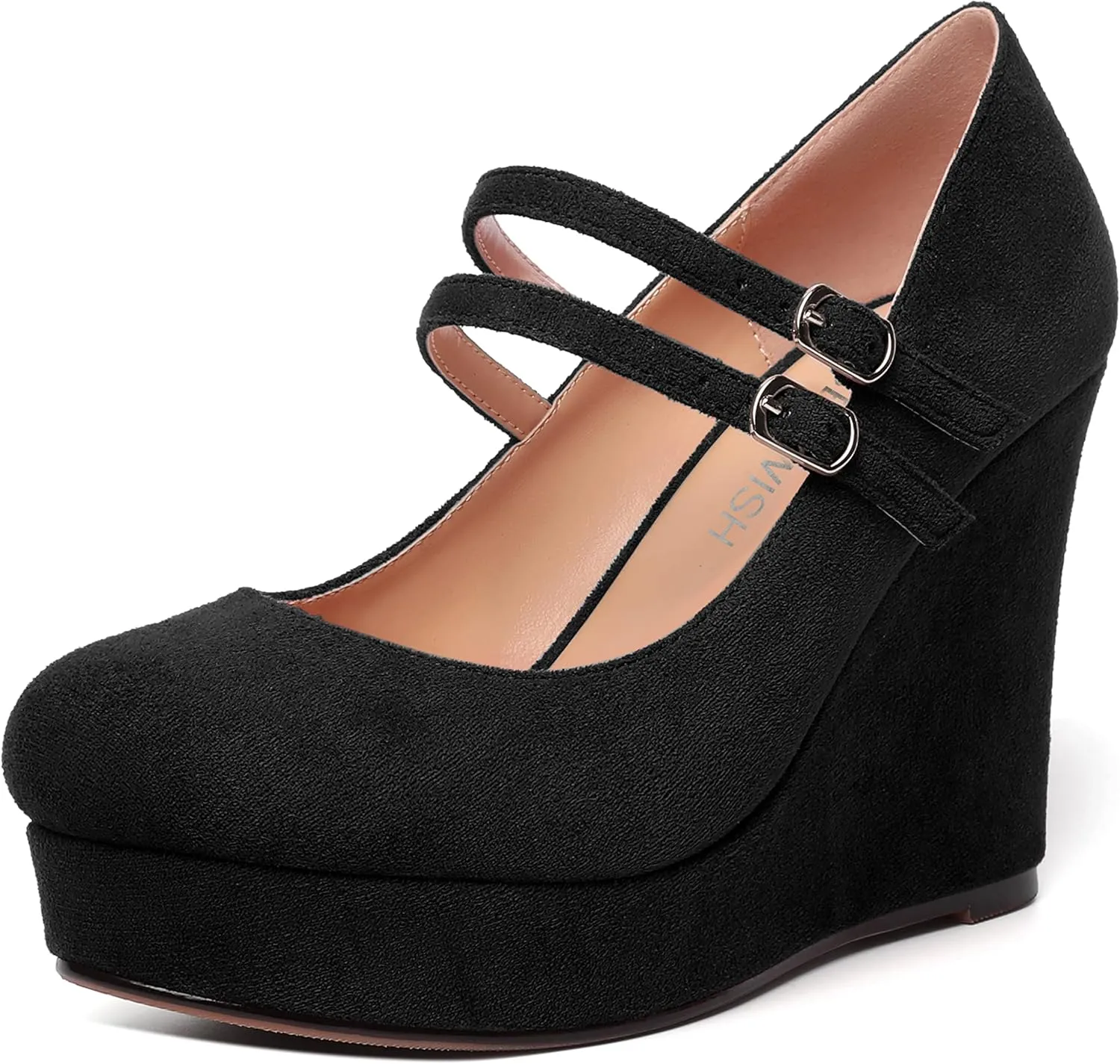 ROSERWISH Womens Sexy Night Club Round Toe Fashion Suede Ankle Strap Platform Buckle Wedge High Heel Pumps Dress Shoes 4 Inch