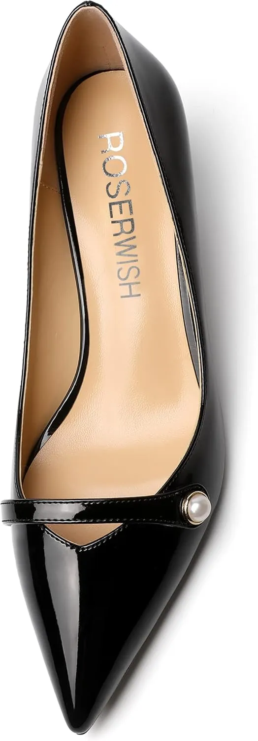 ROSERWISH Womens Slip On Sexy Party Pointed Toe Wedding Patent Kitten Low Heel Pumps Dress Shoes 2 Inch