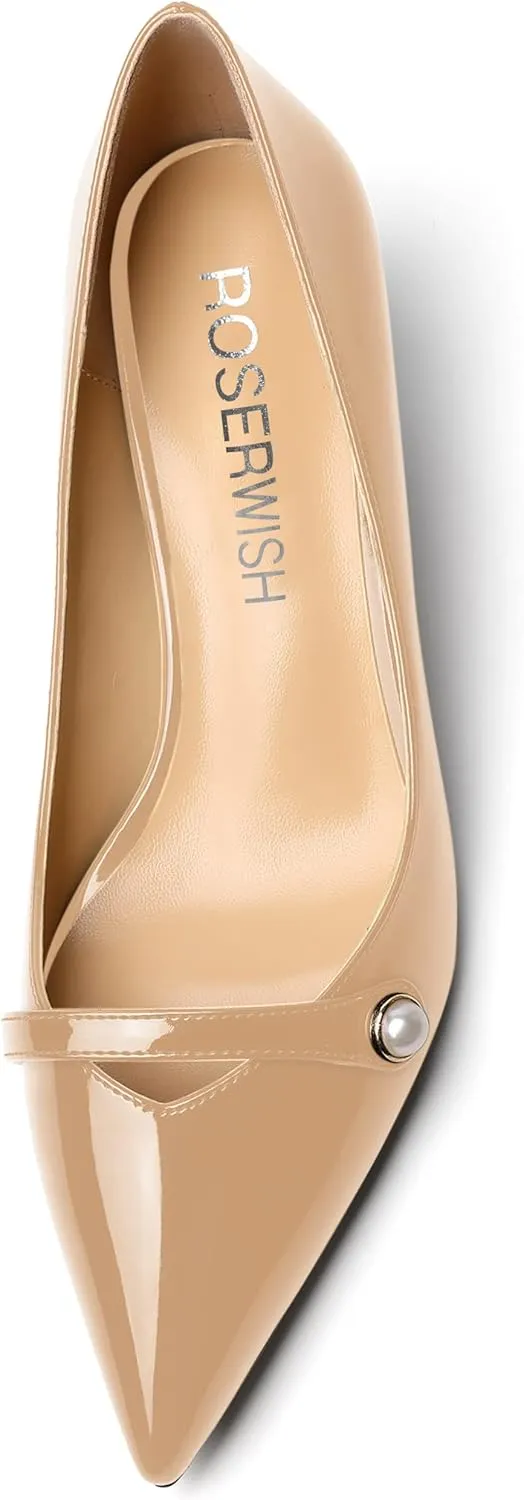 ROSERWISH Womens Slip On Sexy Party Pointed Toe Wedding Patent Kitten Low Heel Pumps Dress Shoes 2 Inch
