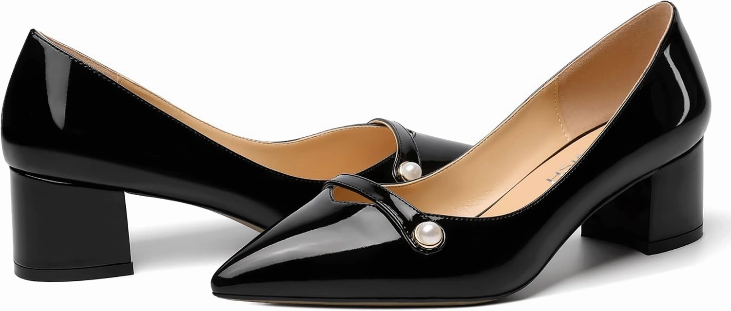 ROSERWISH Womens Party Dress Slip On Patent Pointed Toe Chunky Low Heel Pumps Shoes 2 Inch