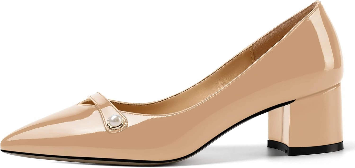 ROSERWISH Womens Party Dress Slip On Patent Pointed Toe Chunky Low Heel Pumps Shoes 2 Inch