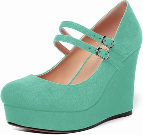 ROSERWISH Womens Sexy Night Club Round Toe Fashion Suede Ankle Strap Platform Buckle Wedge High Heel Pumps Dress Shoes 4 Inch