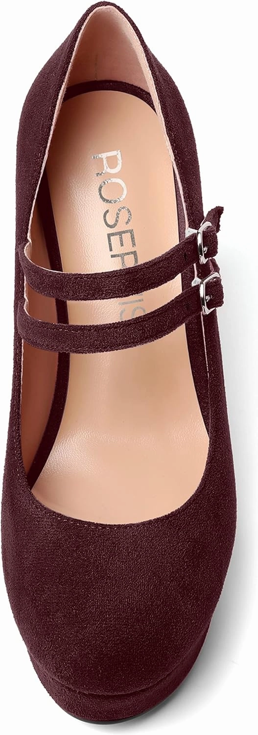 ROSERWISH Womens Sexy Night Club Round Toe Fashion Suede Ankle Strap Platform Buckle Wedge High Heel Pumps Dress Shoes 4 Inch