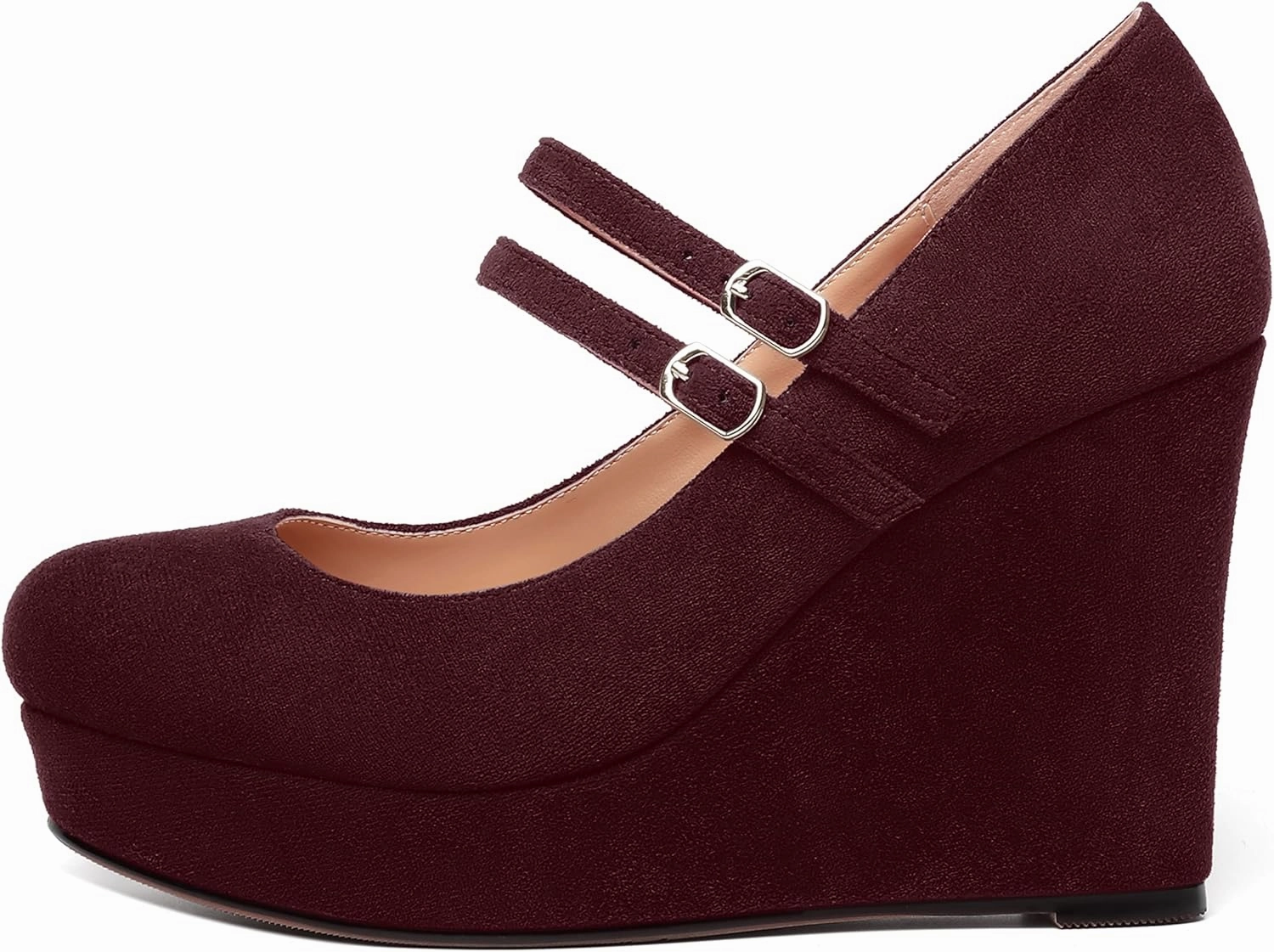 ROSERWISH Womens Sexy Night Club Round Toe Fashion Suede Ankle Strap Platform Buckle Wedge High Heel Pumps Dress Shoes 4 Inch