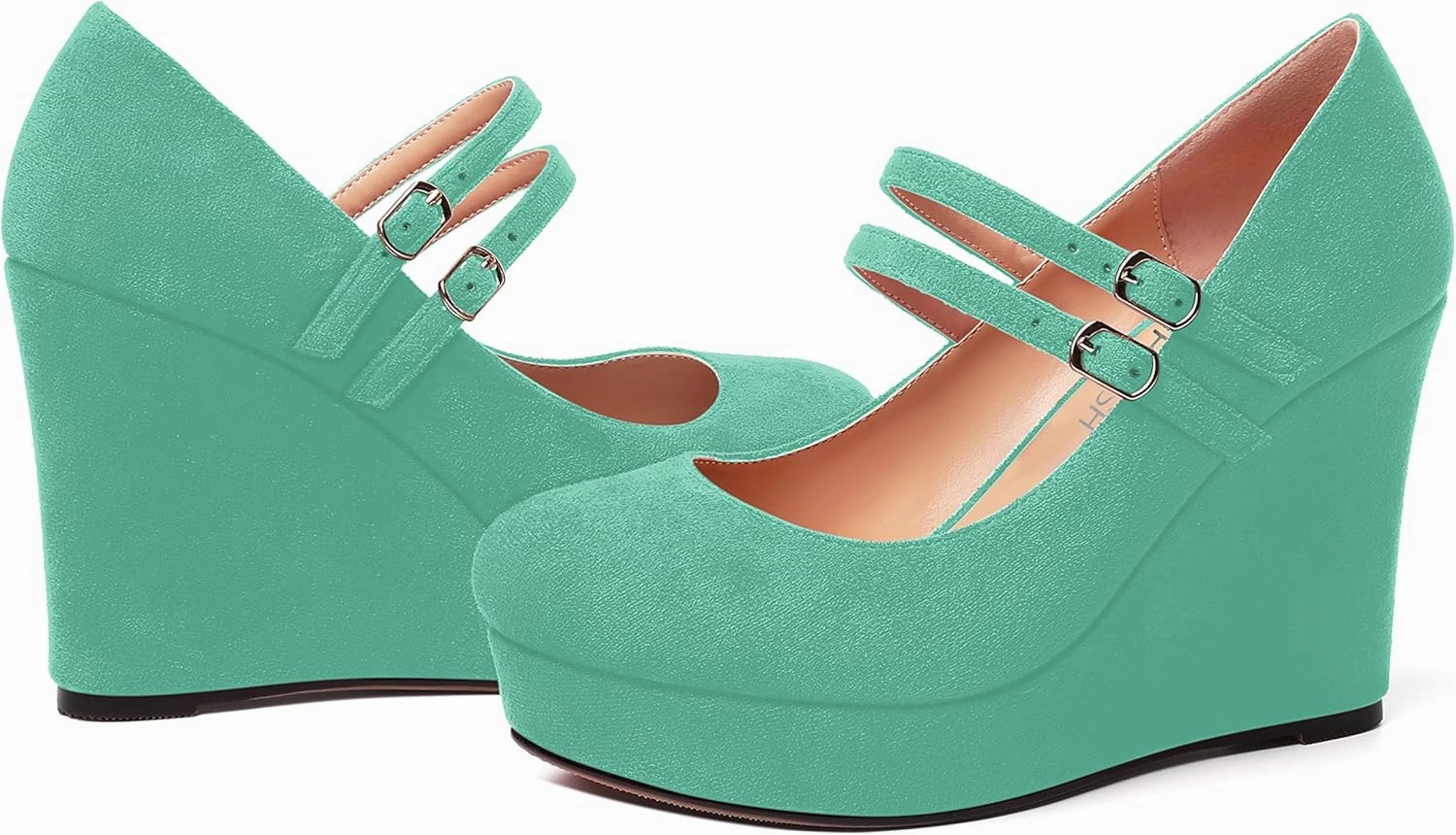 ROSERWISH Womens Sexy Night Club Round Toe Fashion Suede Ankle Strap Platform Buckle Wedge High Heel Pumps Dress Shoes 4 Inch