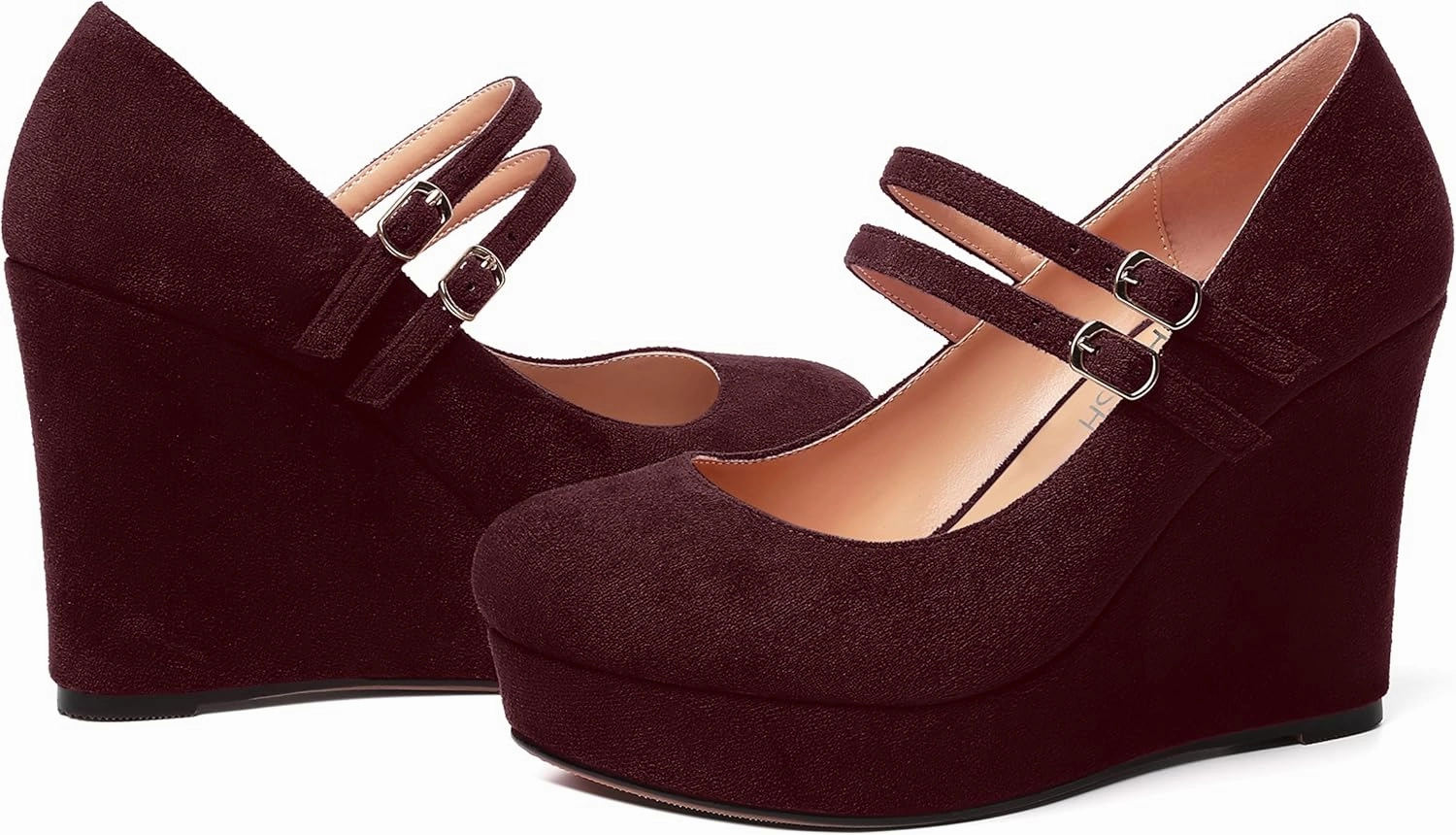 ROSERWISH Womens Sexy Night Club Round Toe Fashion Suede Ankle Strap Platform Buckle Wedge High Heel Pumps Dress Shoes 4 Inch