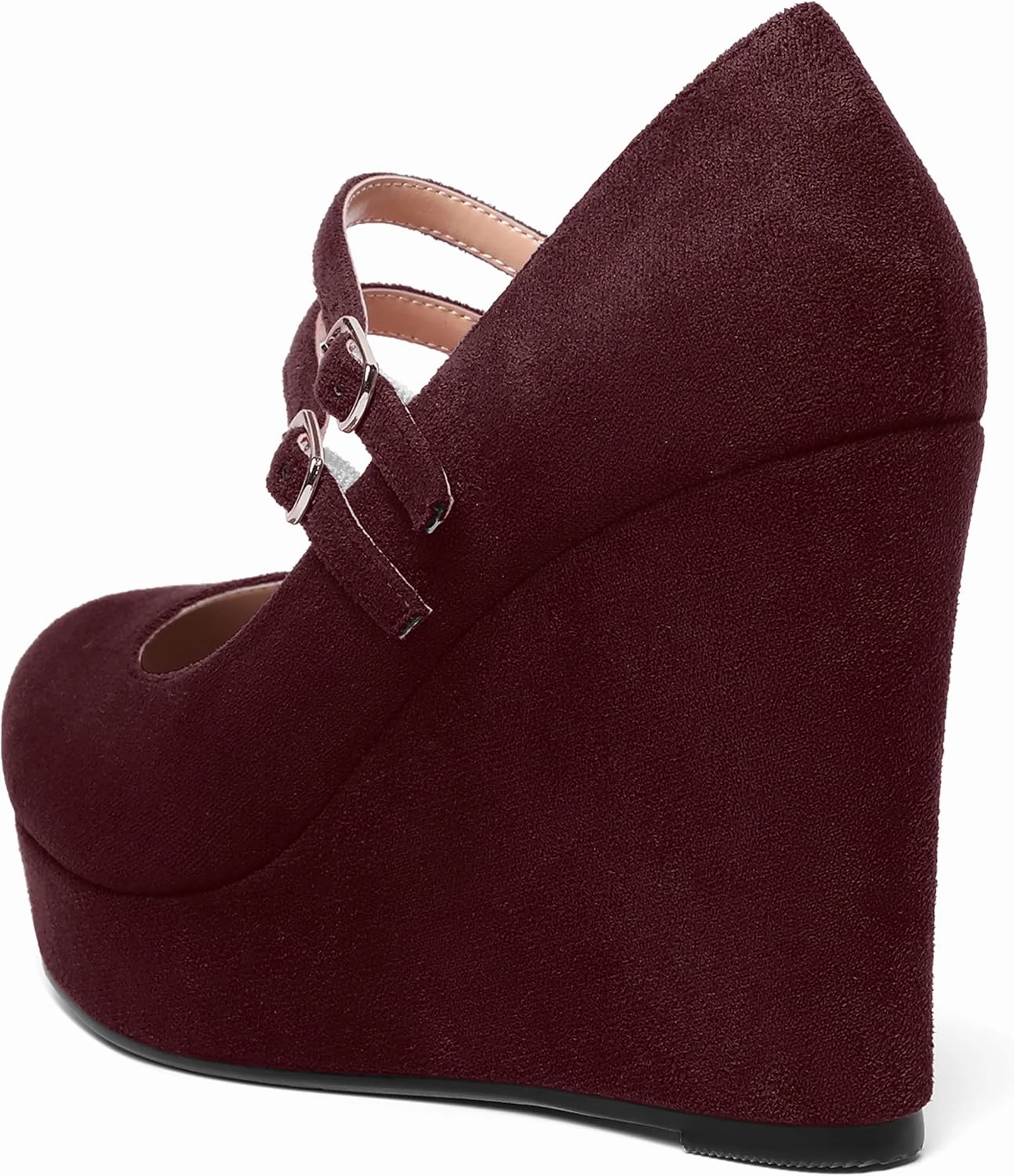 ROSERWISH Womens Sexy Night Club Round Toe Fashion Suede Ankle Strap Platform Buckle Wedge High Heel Pumps Dress Shoes 4 Inch