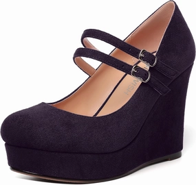 ROSERWISH Womens Sexy Night Club Round Toe Fashion Suede Ankle Strap Platform Buckle Wedge High Heel Pumps Dress Shoes 4 Inch