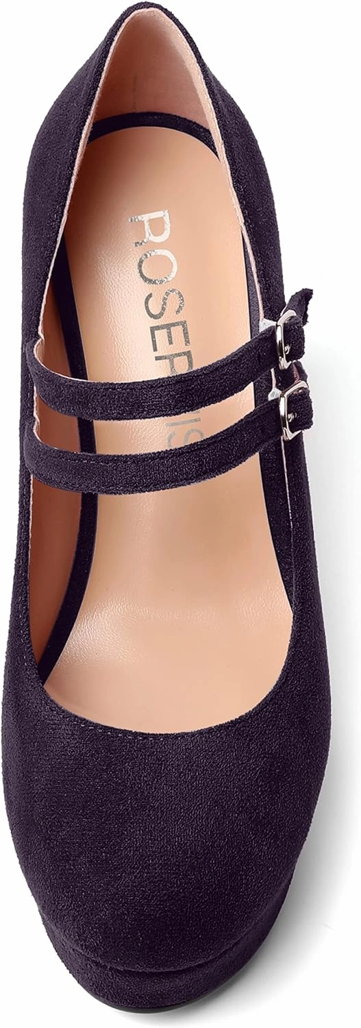 ROSERWISH Womens Sexy Night Club Round Toe Fashion Suede Ankle Strap Platform Buckle Wedge High Heel Pumps Dress Shoes 4 Inch
