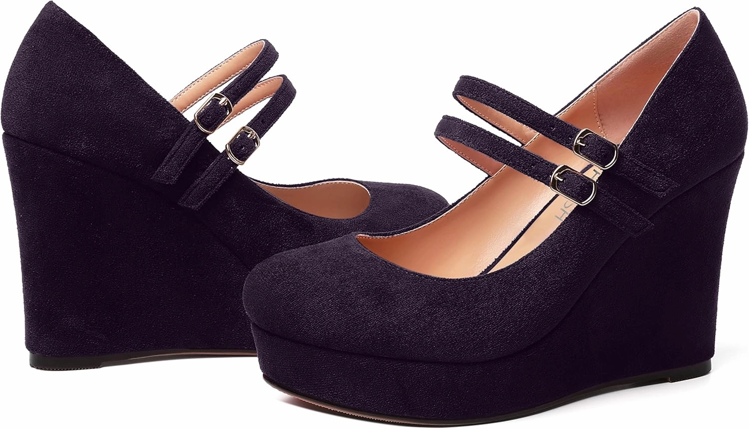 ROSERWISH Womens Sexy Night Club Round Toe Fashion Suede Ankle Strap Platform Buckle Wedge High Heel Pumps Dress Shoes 4 Inch
