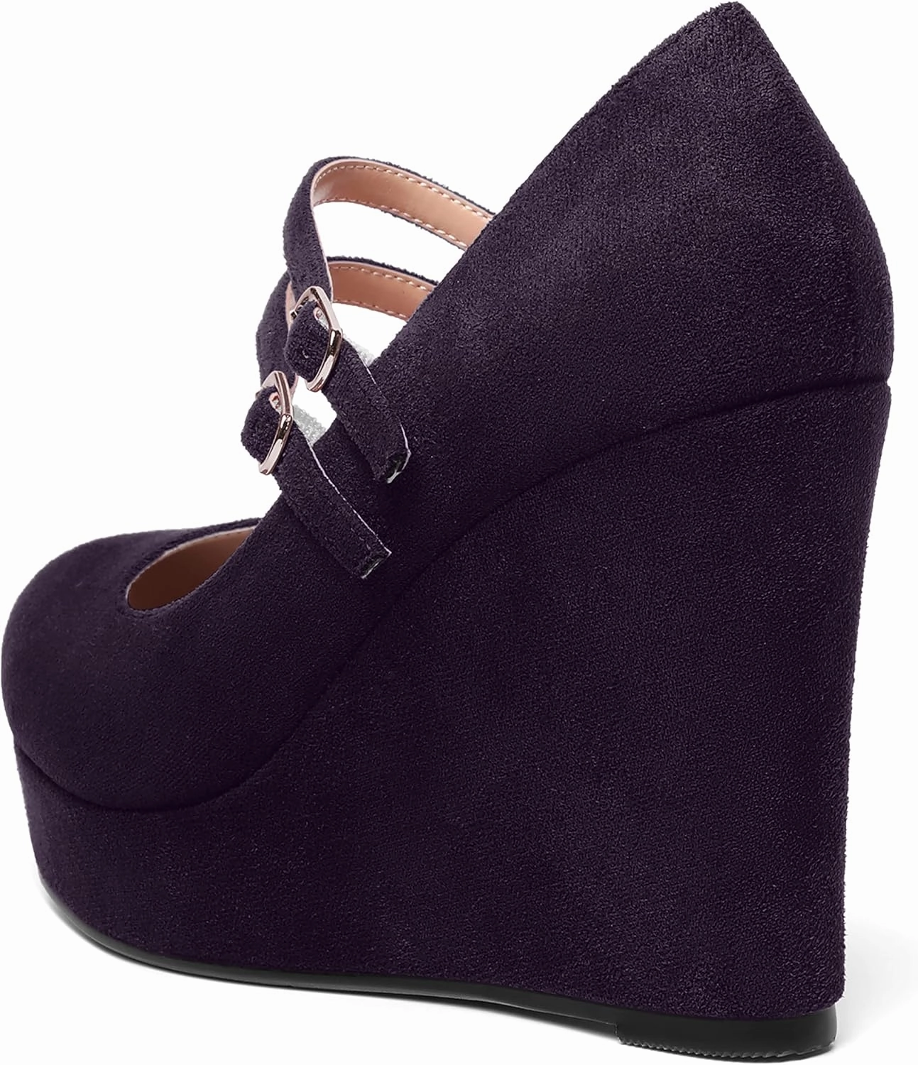 ROSERWISH Womens Sexy Night Club Round Toe Fashion Suede Ankle Strap Platform Buckle Wedge High Heel Pumps Dress Shoes 4 Inch