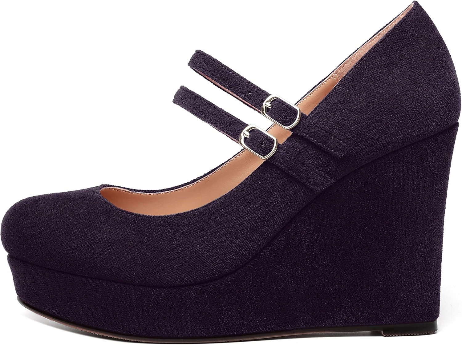 ROSERWISH Womens Sexy Night Club Round Toe Fashion Suede Ankle Strap Platform Buckle Wedge High Heel Pumps Dress Shoes 4 Inch