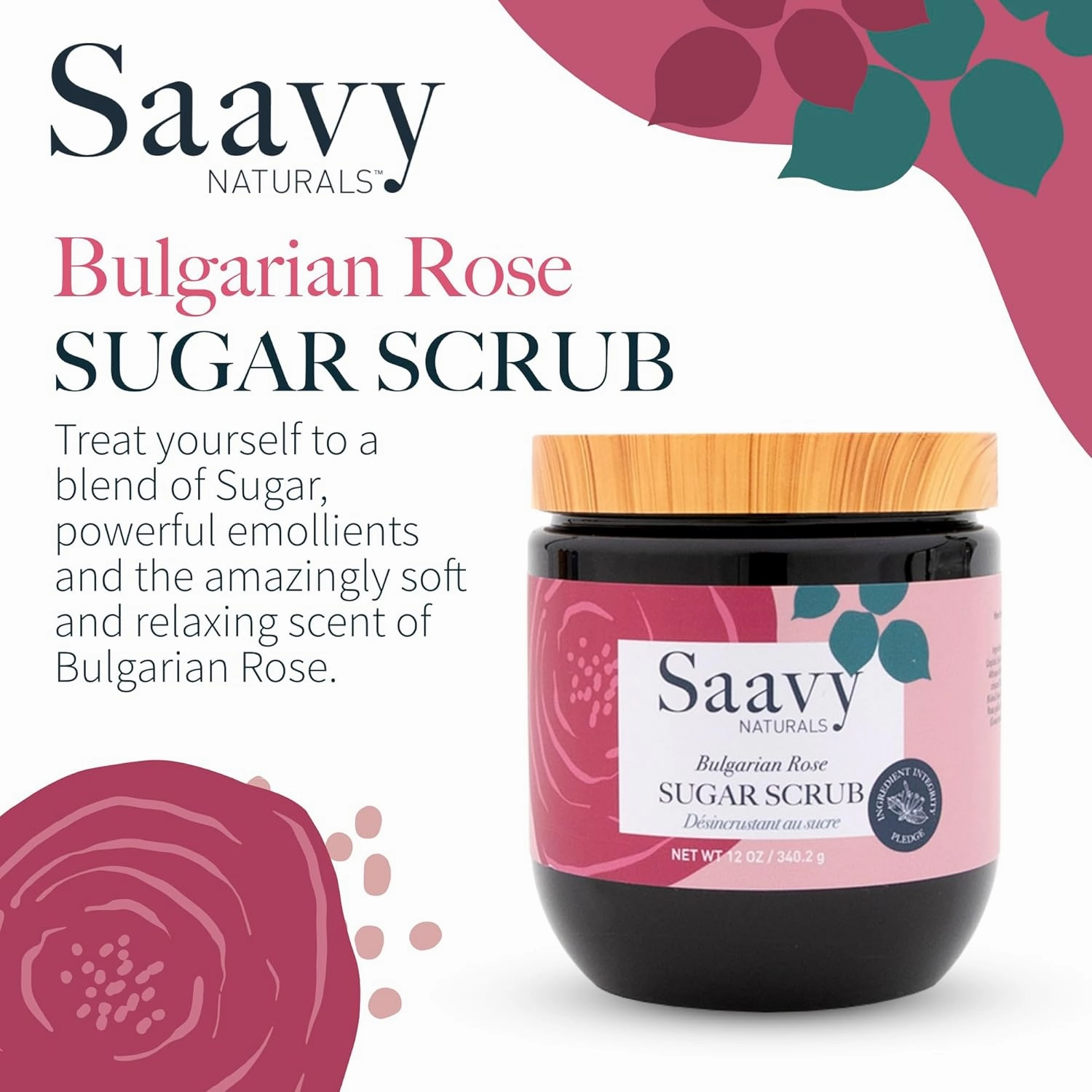 Saavy Naturals Bulgarian Rose Sugar Scrub - Relaxing Scented Body Exfoliator With Vitamin E - Vegan Luxe Gift Set, 12 Oz, 2 Pack - Made in the USA