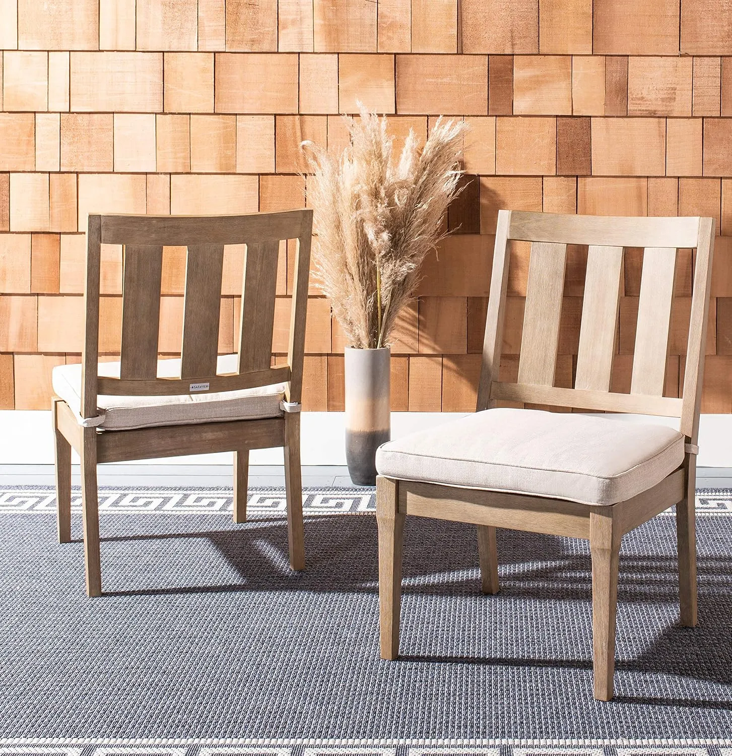 SAFAVIEH Couture Patio Dominica Natural and White Wooden Outdoor Dining Chair (Set of 2), Natural/White