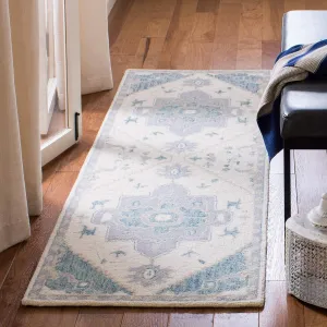 SAFAVIEH Micro-Loop Collection Runner Rug - 2'3" x 7', Ivory & Navy, Handmade Shabby Chic Medallion Wool, Ideal for High Traffic Areas in Living Room, Bedroom (MLP503L)