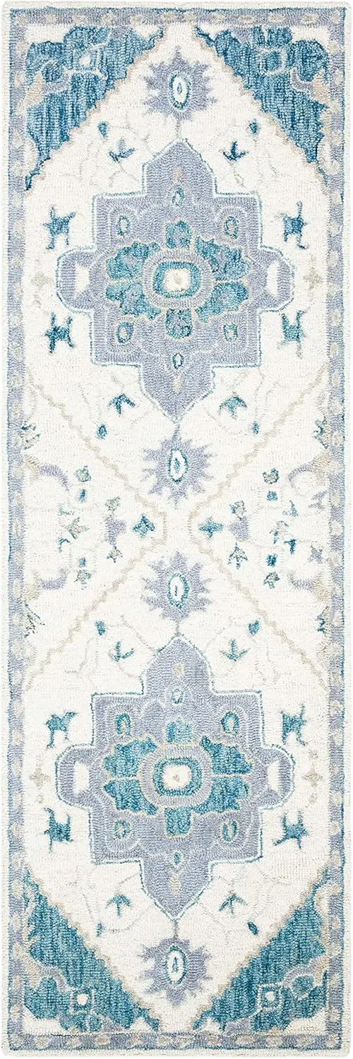SAFAVIEH Micro-Loop Collection Runner Rug - 2'3" x 7', Ivory & Navy, Handmade Shabby Chic Medallion Wool, Ideal for High Traffic Areas in Living Room, Bedroom (MLP503L)