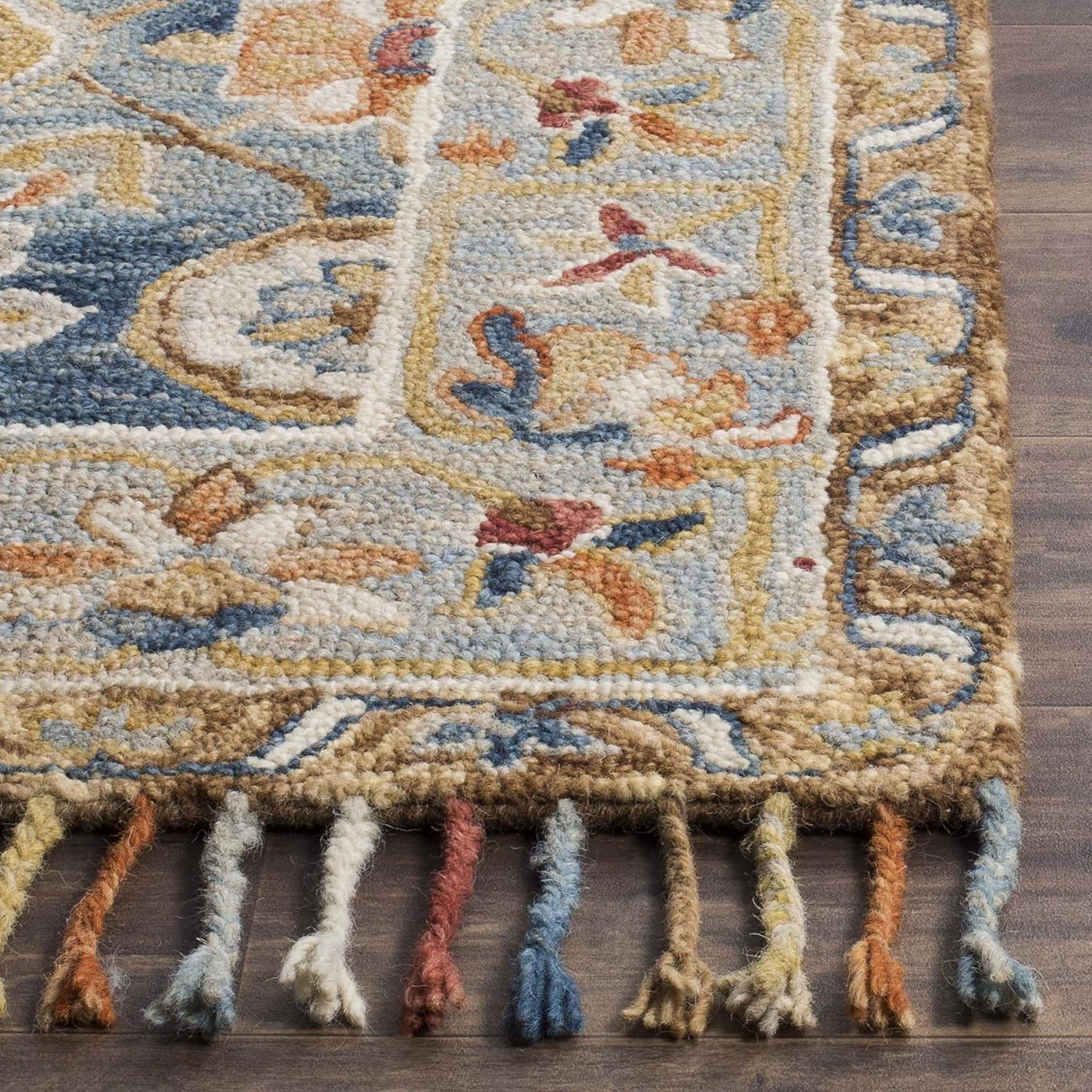 SAFAVIEH Aspen Collection 9' Square Grey / Navy APN110A Handmade Boho Braided Tassel Wool Area Rug
