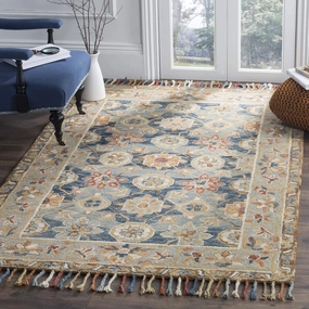 SAFAVIEH Aspen Collection 9' Square Grey / Navy APN110A Handmade Boho Braided Tassel Wool Area Rug