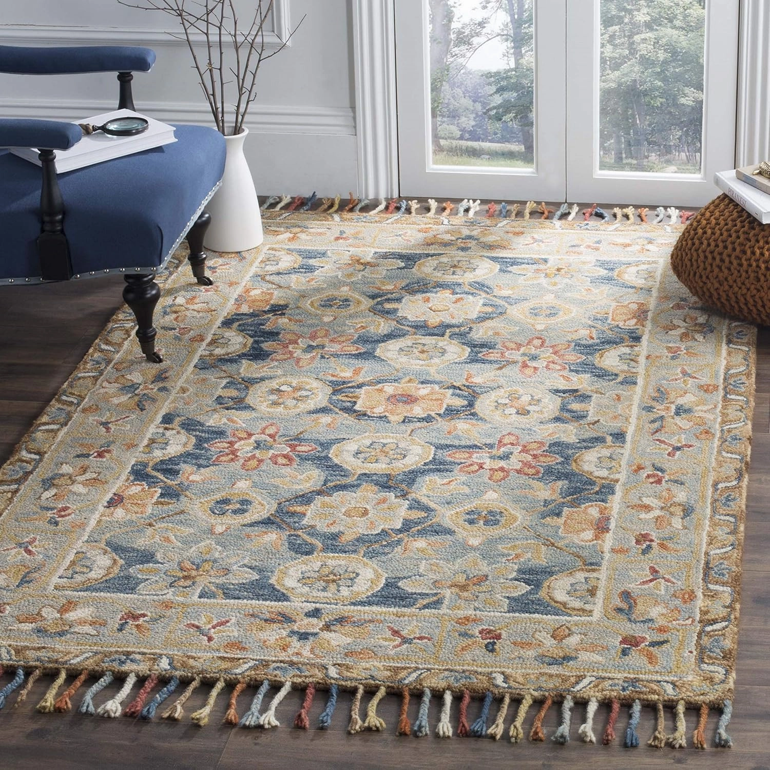 SAFAVIEH Aspen Collection 9' Square Grey / Navy APN110A Handmade Boho Braided Tassel Wool Area Rug