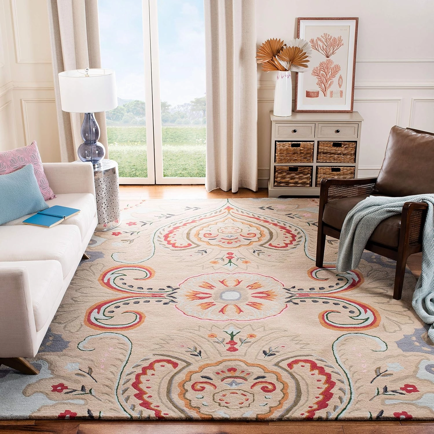 SAFAVIEH Bella Collection Area Rug - 9' x 12', Beige & Blue, Handmade Boho Wool, Ideal for High Traffic Areas in Living Room, Bedroom (BEL118B)