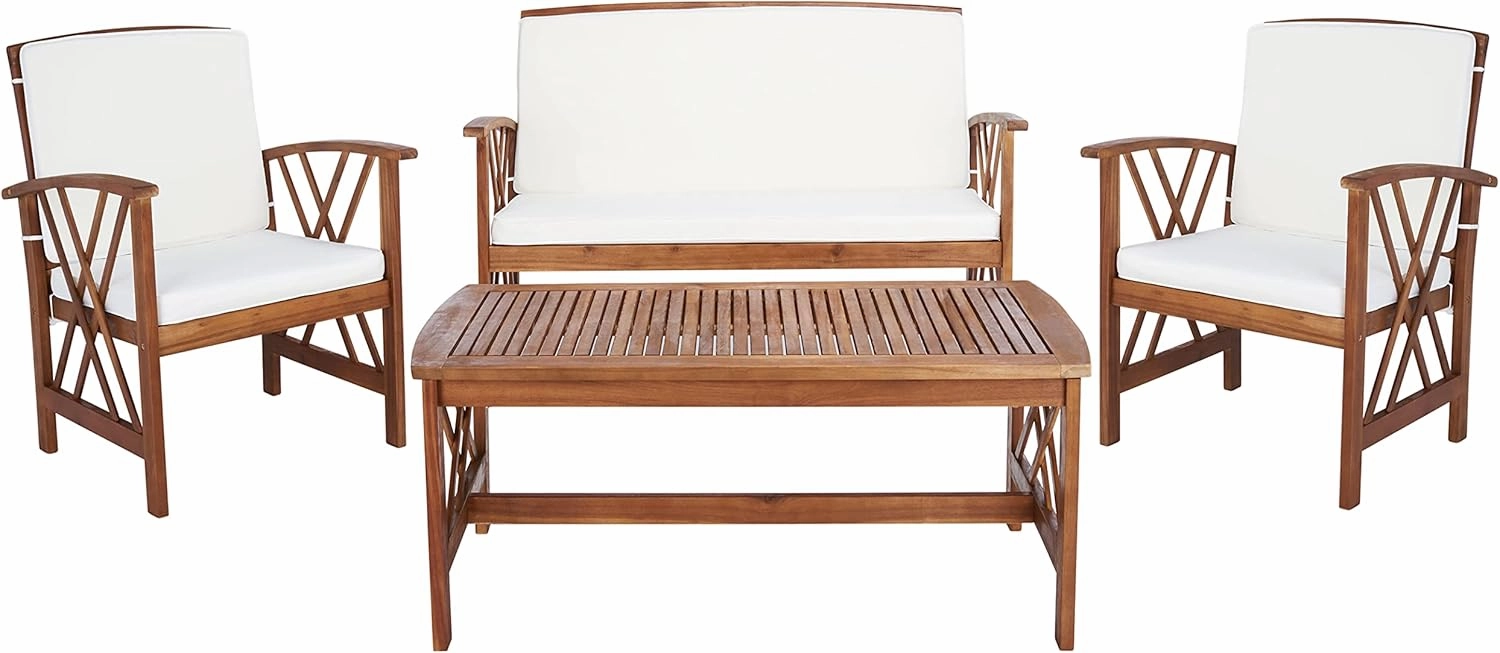 SAFAVIEH Outdoor Collection Fontana Natural/ Beige 4-Piece Conversation Patio Set with Cushions