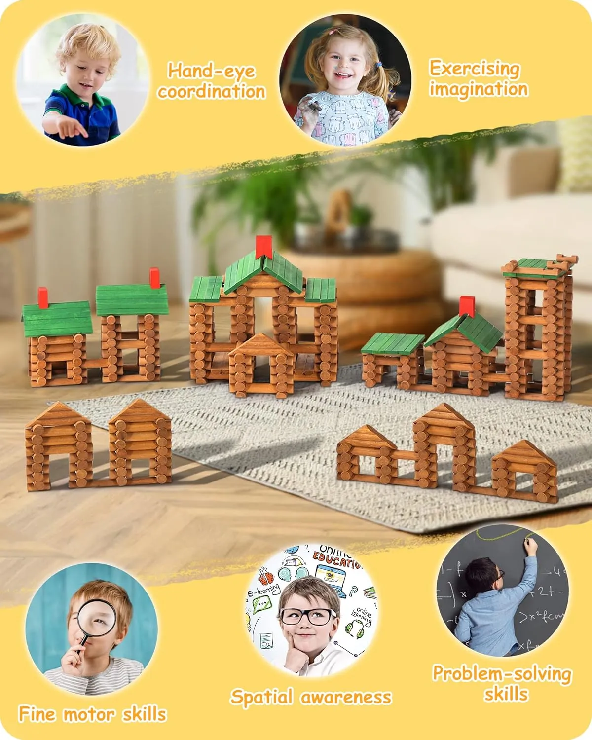 SainSmart Jr. 665 PCS Wooden Log Cabin Set Building House Toy for Toddlers, Classical STEM Construction Kit Compatible with Lincoln Logs for 3  Kids