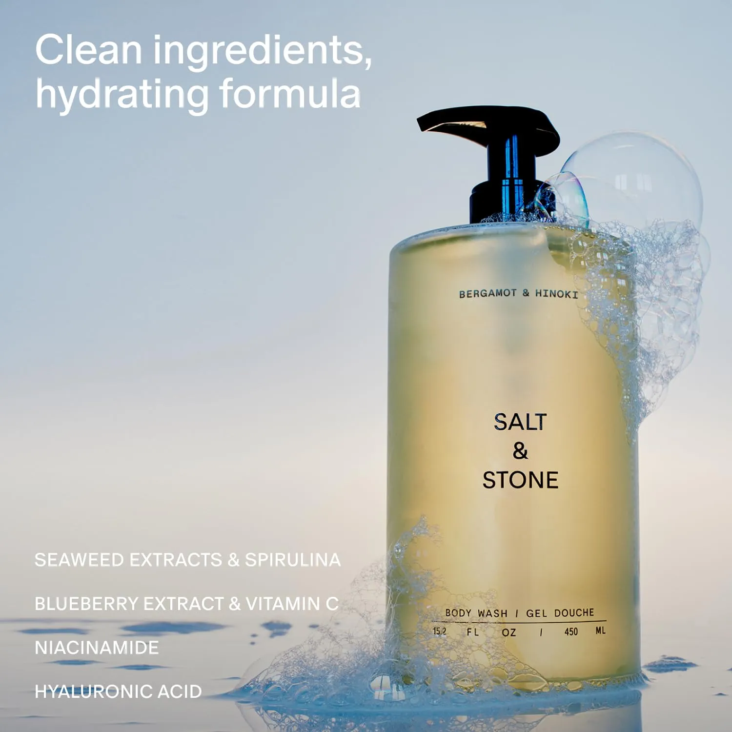 Salt & Stone Body Wash with Antioxidants for Deep Moisture | For Women & Men, Sulfate, Paraben, & Dye Free, Leaving Skin Soft and Hydrated | Bergamot & Hinoki 32 fl oz