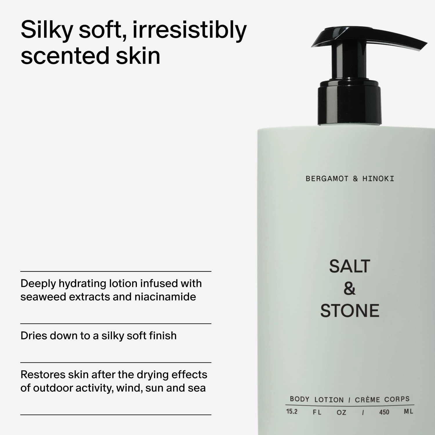 Salt & Stone Body Lotion for Women & Men| Scented Daily Body Lotion | Hydrates, Nourishes & Softens Skin | Restores Dry Skin | Fast-Absorbing | Cruelty-Free & Vegan (450 ml) (Bergamot & Hinoki)