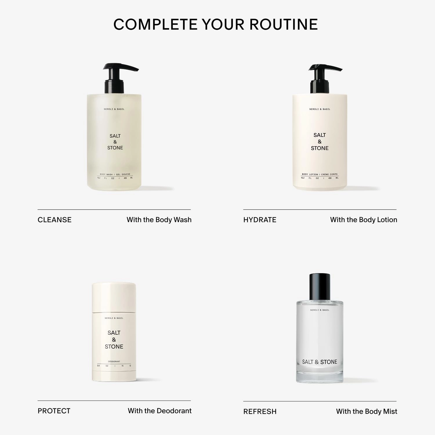 Salt & Stone Body Wash for Women & Men | Neroli & Basil | Hydrating Gel Cleanser | Clean & Soften Skin | Made with Niacinamide & Hyaluronic Acid | Free From Parabens, Sulfates & Pthalates (15.2 fl oz)