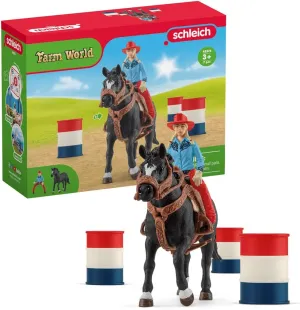 Schleich Farm World - 7PC Barrel Racing Set - Western Rodeo Toy Playset with Cowgirl Figurine, Horse Figure and Accessories - Realistic Farm Toys for Boys and Girls - Kids and Toddlers Ages 3 