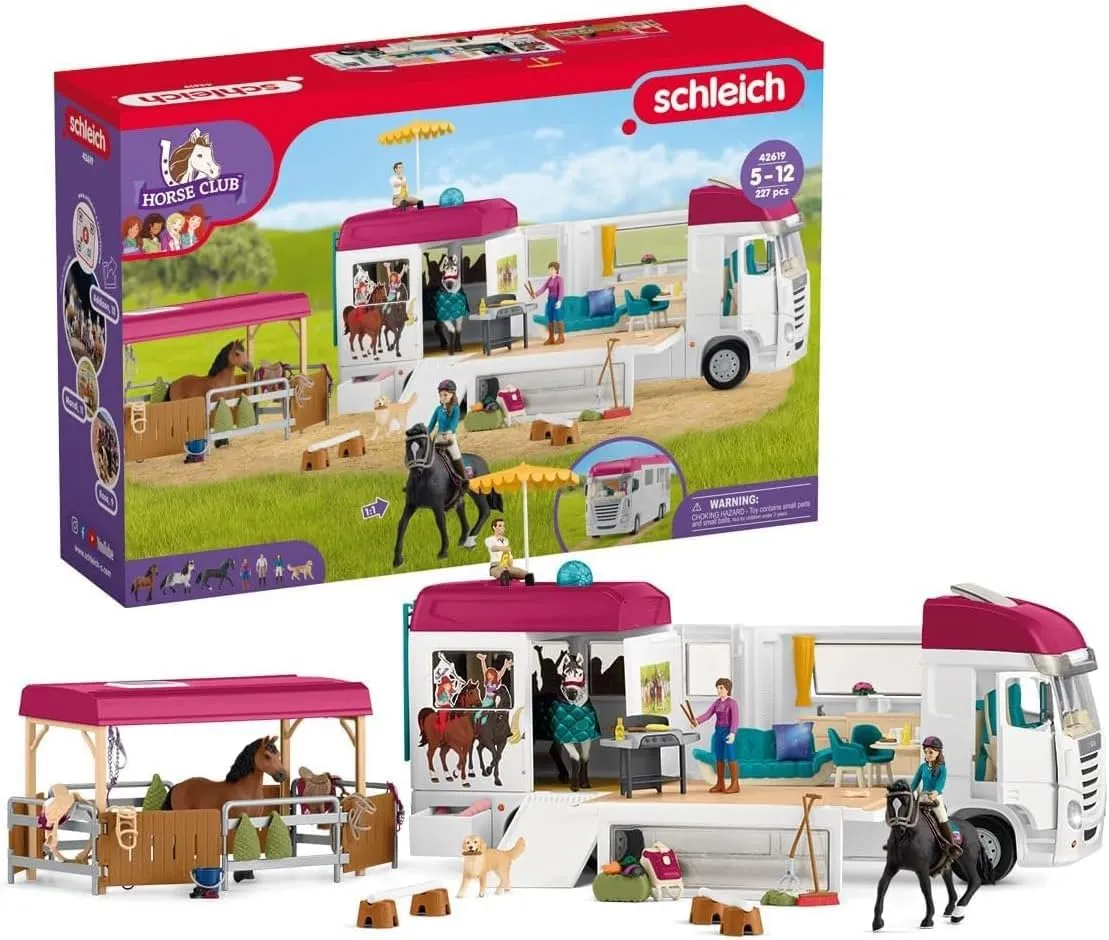 Schleich Horse Club - 227 PC - Interactive Lisa Transporter Horse Toy Playset with Family, 3 Horses, Dog, Trailer, Grooming Station, Rooftop Pool and Accessories - Realistic Kids Toys Ages 5  - 42619