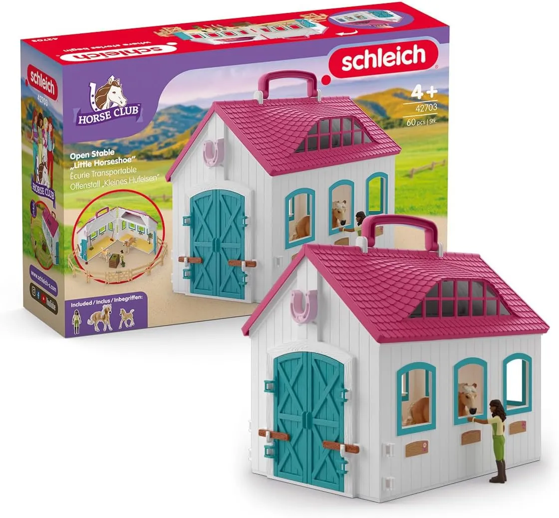 Schleich Horse Club - 60PC Little Horseshoe Open Stable Playset - with 2 Horse Figurines, Action Figure, Stable and Accessories - Toy Horses for Girls and Boys - Kids Ages 5  | 42703