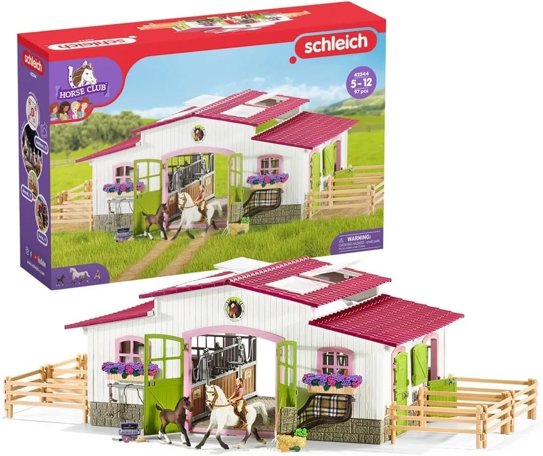 Schleich Horse Club - 97PC Riding Center Horse Toy Playset with Rider, 2 Horses, Barn and Farm Figurine Accessories for Girls and Boys - Interactive Play Figures - Realistic Kids Toys Ages 5  - 42344