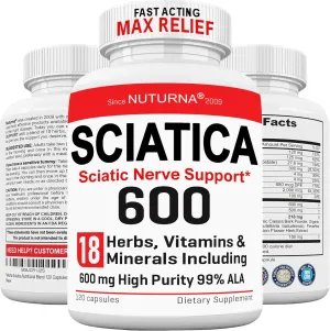 Sciatica Supplement Nerve Relief with 600 mg Alpha Lipoic Acid - Maximum Strength ALA Sciatic Support for Feet, Hands, Fingers, and Legs - Ultra Potent 18-in-1 Natural Nerve Vitamins - 120 Capsules
