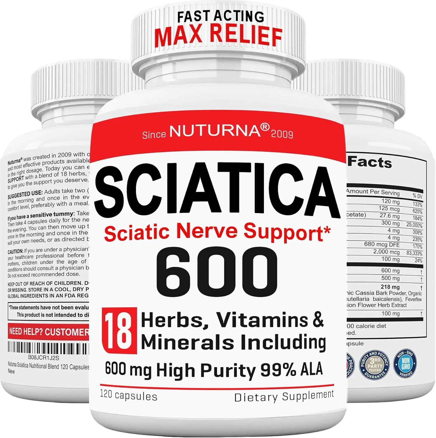 Sciatica Supplement Nerve Relief with 600 mg Alpha Lipoic Acid - Maximum Strength ALA Sciatic Support for Feet, Hands, Fingers, and Legs - Ultra Potent 18-in-1 Natural Nerve Vitamins - 120 Capsules