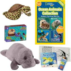 Sea Animal Educational Gift Set with National Geographic Readers Ocean Animals Book (4 Stories), Manatee Plush, Sea Turtle Stuffed Animal, Mini Sea Otter Puzzle, Sea Creature Activity Book STEM STEAM
