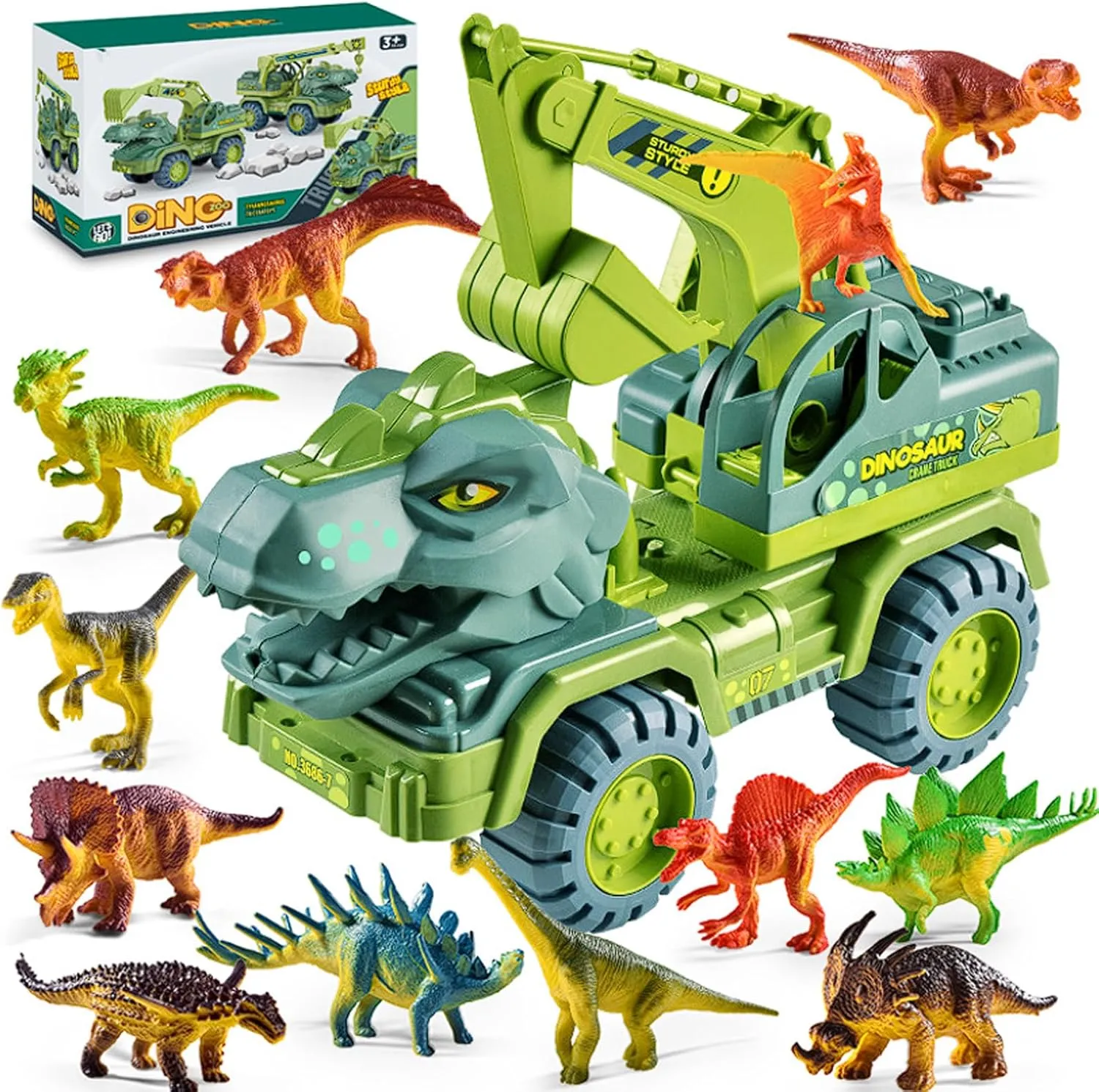 Seeroze Dinosaur Truck, Seeroze Dinosaur Transport Truck, Dinosaur Engineering Vehicle with Dino Figures, Large Tyrannosaurus Triceratops Transporter Excavators for Kids 3-5 Years (Tyrannosaurus-D)