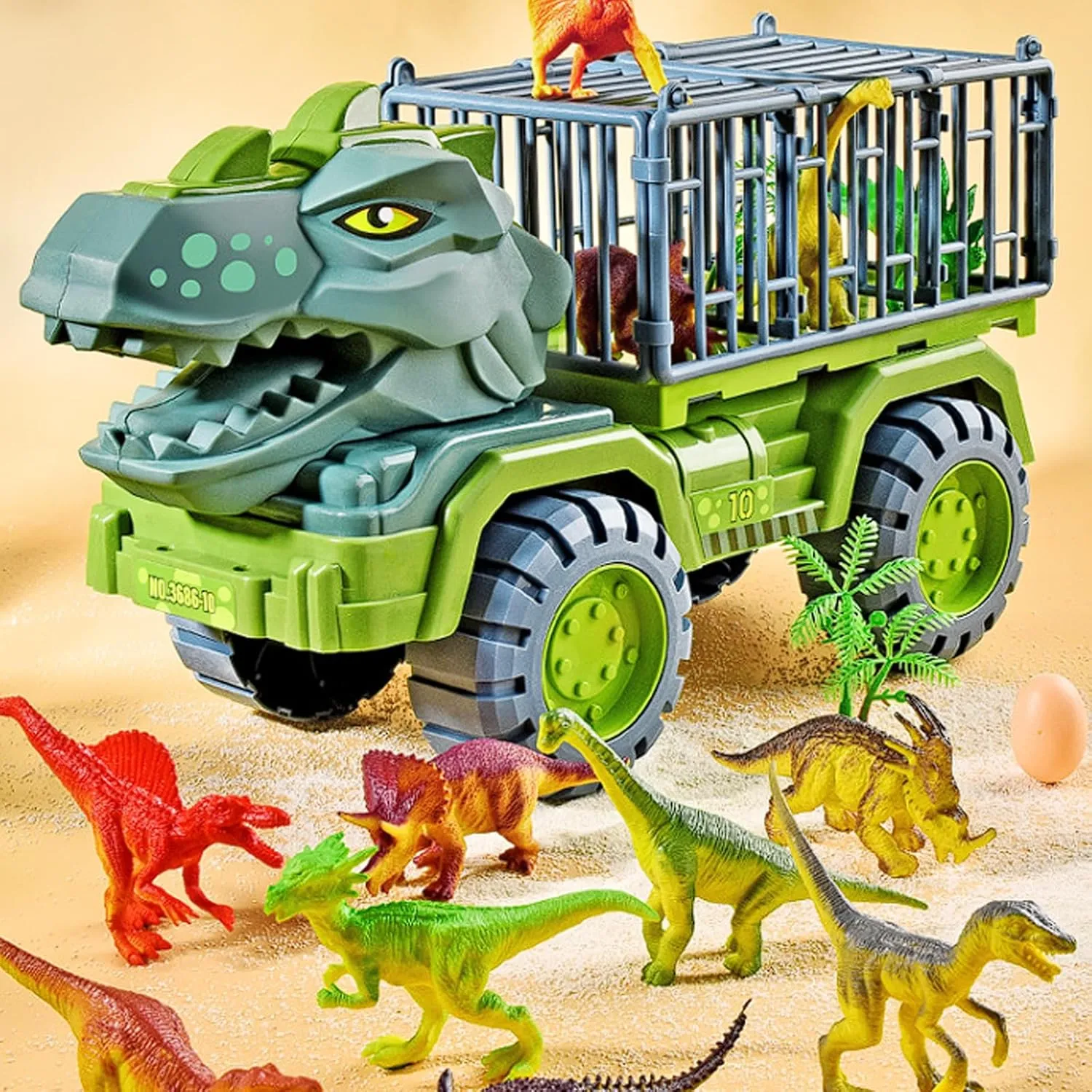 Seeroze Dinosaur Truck, Seeroze Dinosaur Transport Truck, Dinosaur Engineering Vehicle with Dino Figures, Large Tyrannosaurus Triceratops Transporter Excavators for Kids 3-5 Years (Tyrannosaurus-D)