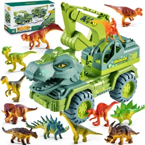 Seeroze Dinosaur Truck, Seeroze Dinosaur Transport Truck, Dinosaur Engineering Vehicle with Dino Figures, Large Tyrannosaurus Triceratops Transporter Excavators for Kids 3-5 Years (Tyrannosaurus-D)