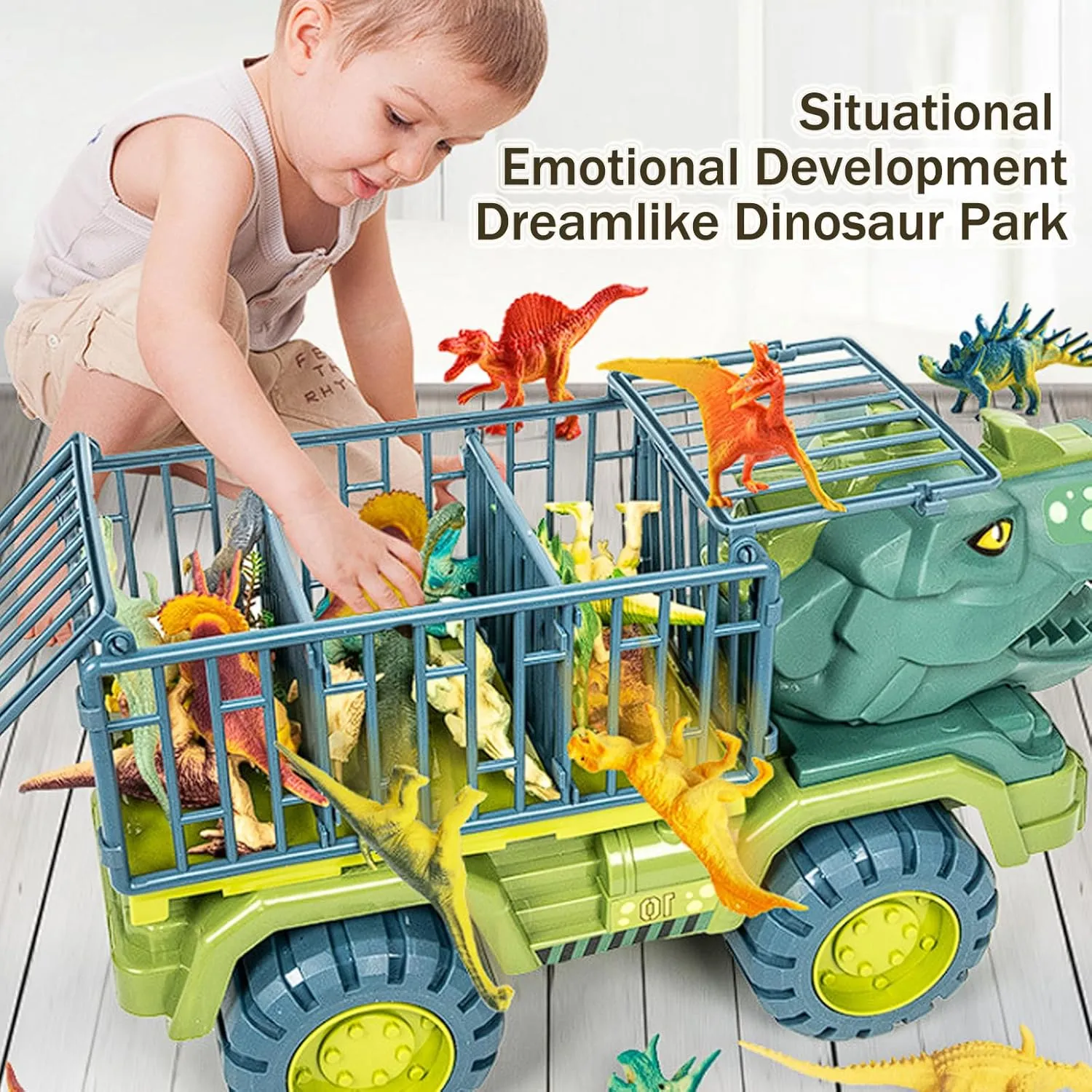 Seeroze Dinosaur Truck, Seeroze Dinosaur Transport Truck, Dinosaur Engineering Vehicle with Dino Figures, Large Tyrannosaurus Triceratops Transporter Excavators for Kids 3-5 Years (Tyrannosaurus-D)