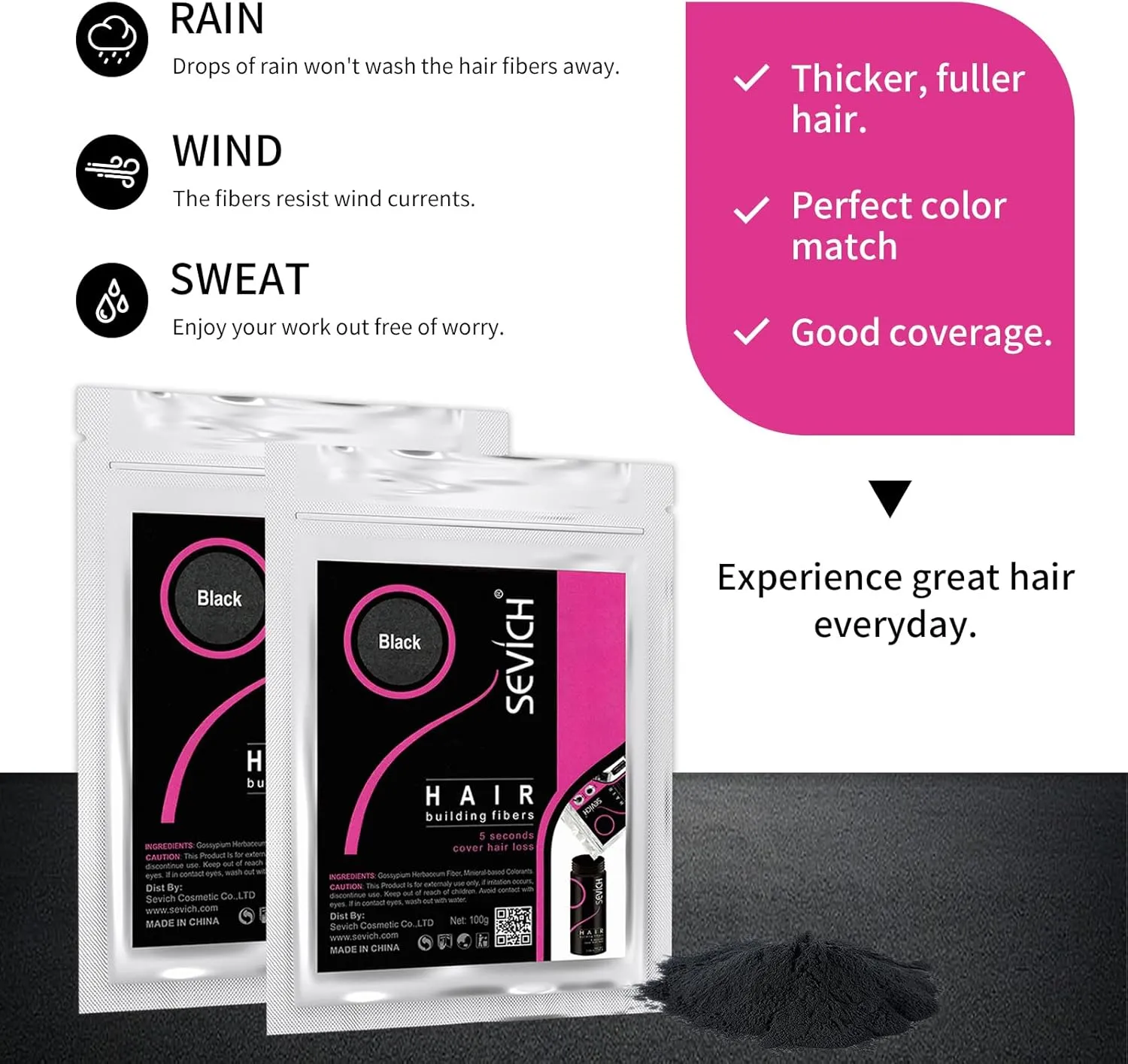 SEVICH Hair Fibers Refill 100g - Compatible with Most Brand Bottles | Hair Building Fibers for Thinning Hair | Instant Thickening Powder for Men & Women | 5-Second Natural Coverage,Black