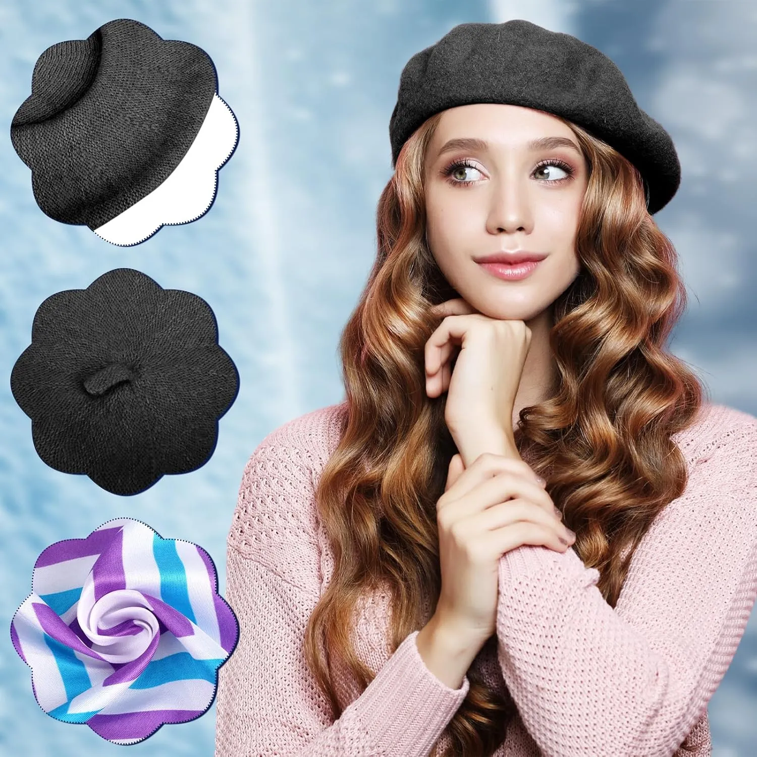 Shinymoon 48 Pcs Women Wool Beret Hat with Silky Scarf French Beret Bulk for Women Girls Winter