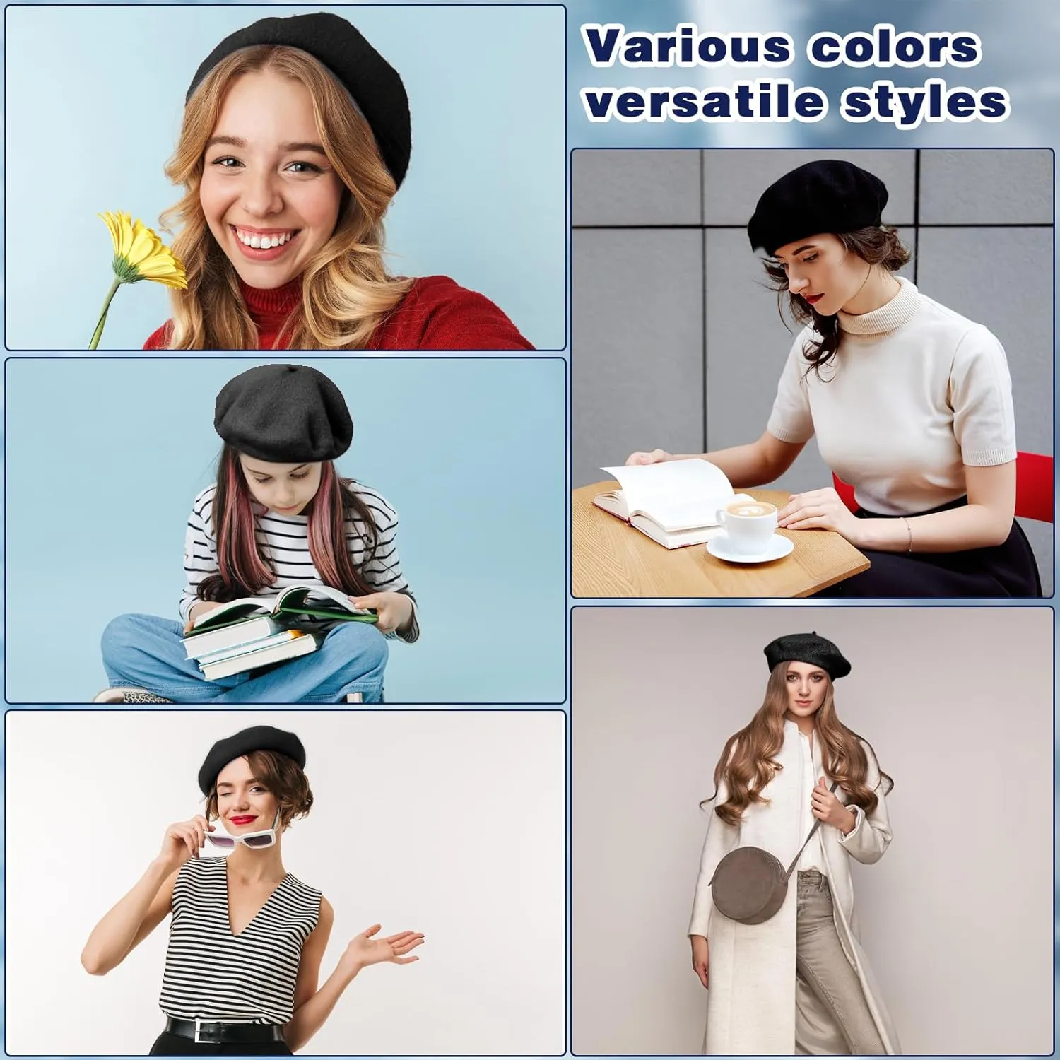 Shinymoon 48 Pcs Women Wool Beret Hat with Silky Scarf French Beret Bulk for Women Girls Winter
