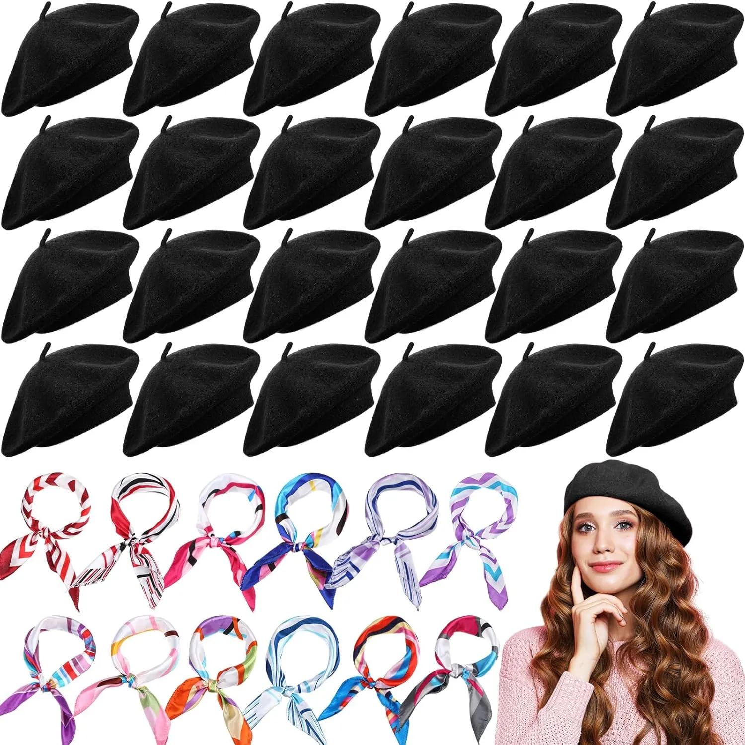Shinymoon 48 Pcs Women Wool Beret Hat with Silky Scarf French Beret Bulk for Women Girls Winter