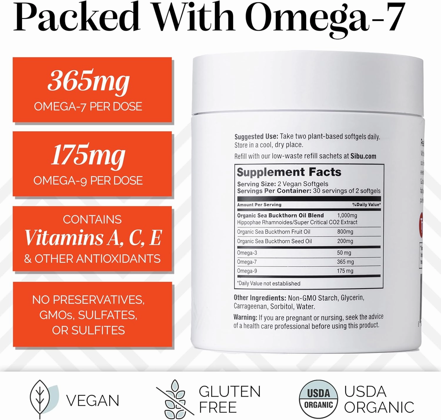 sibu Omega-7 Softgels, Premium Organic Himalayan Sea Buckthorn Oil (180ct, 90 Day Supply) – Supplement for Healthy Skin, Hair, Nails and Dryness