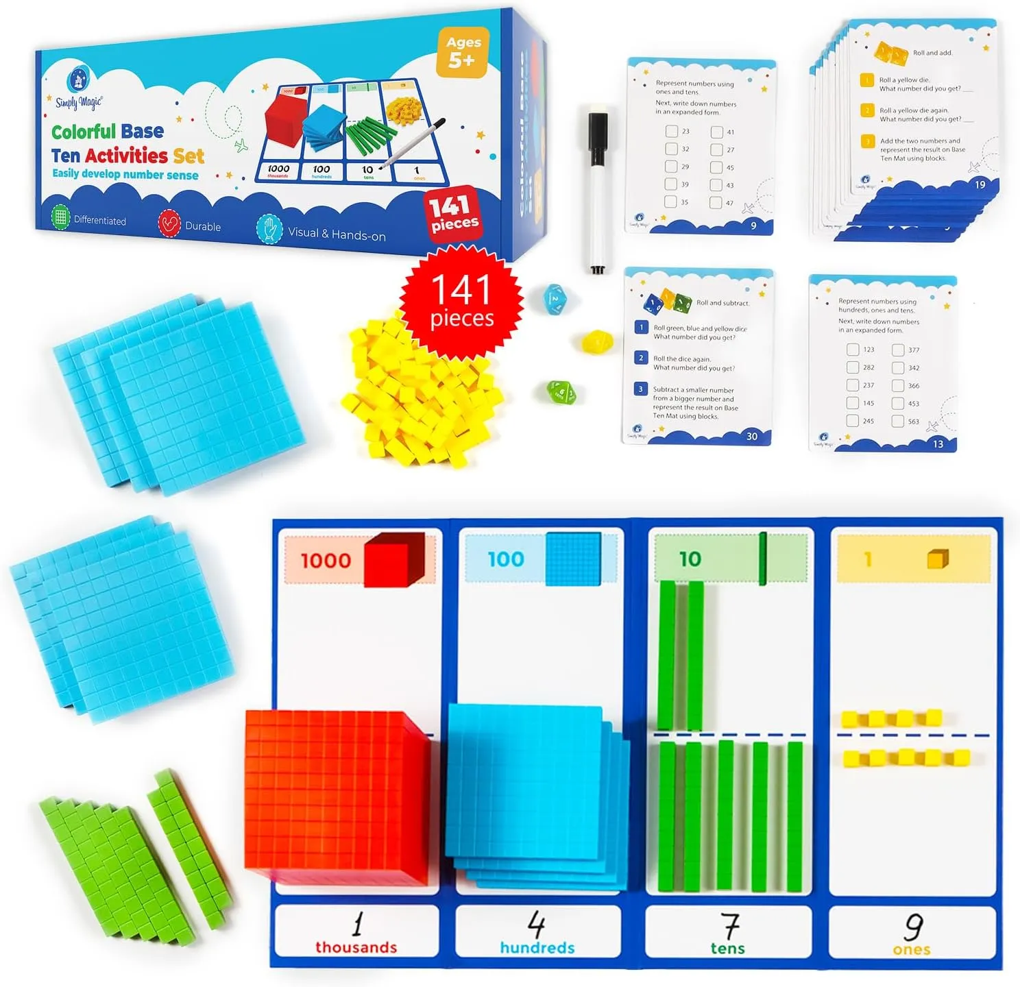 Simply magic 140 1 PCS Colorful Base Ten Blocks & Activities Set - Base Ten Blocks Classroom Set, Base 10 Math Manipulatives, Place Value Blocks Mat, Ones Tens Hundreds Blocks, Math Counters Cubes