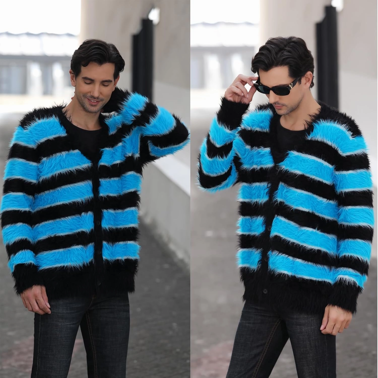 SINAR Men's Casual Fuzzy Cardigan Sweater Long Sleeve Soft Striped Knitwear Winter Warm Cardigan Knitted Sweater